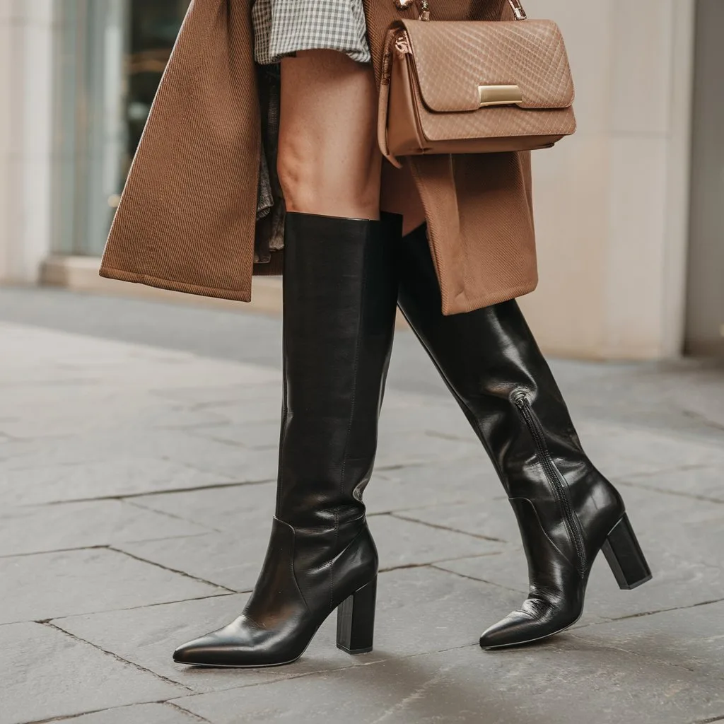 "Fashion-forward knee-high black boots with a chunky heel, offering both comfort and style for everyday outfits."